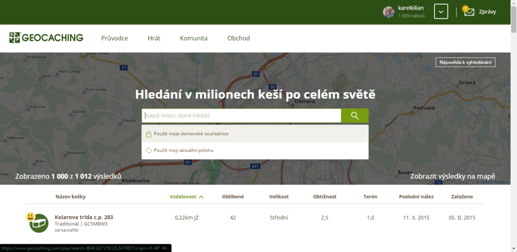 Lokalita, kolem které se má hledat