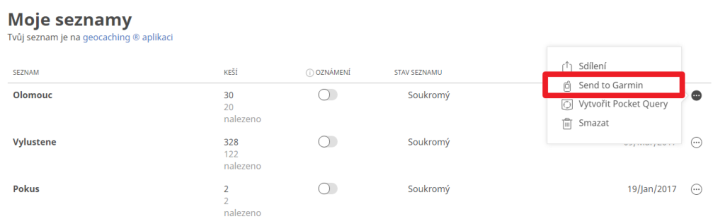 „Kouzelné“ tlačítko pro nahrávání kešek do GPS Garmin