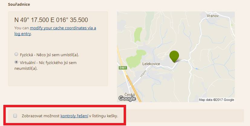 Volba při zakládání nové keše
