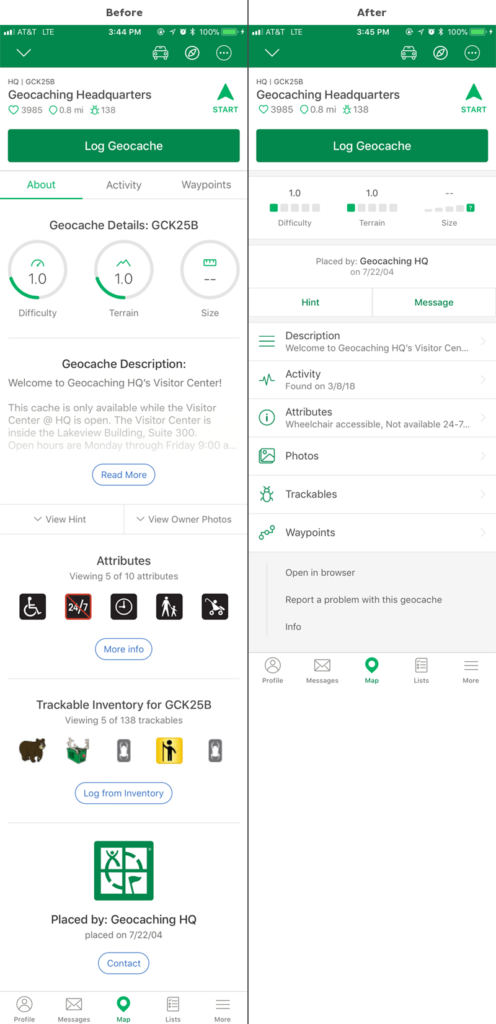 Stará a nová verze oficiální aplikace Geocaching